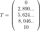 $T=\left(\begin{array}{c}0\\ 2,890...\\ 5,624...\\ 8,046..\\ 10\end{array} \right)$