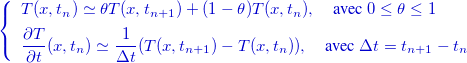 \[ \color{myred}\left\{  \begin{array}{l}T(x,t_ n) \simeq \theta T(x,t_{n+1})+ (1-\theta )T(x,t_ n),\quad \mbox{avec } 0 \le \theta \le 1\\[1ex] \dfrac {\partial T}{\partial t}(x,t_ n) \simeq \dfrac {1}{\Delta t}(T(x,t_{n+1})-T(x,t_ n)),\quad \mbox{avec } \Delta t=t_{n+1}-t_ n \end{array} \right.  \]