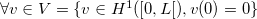 $\forall v\in V=\{  v\in H^1([0,L[), v(0)=0\} $
