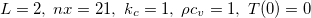 $L=2, \;  nx=21,\;  k_{c}=1,\;  \rho c_ v=1, \;  T(0)=0$